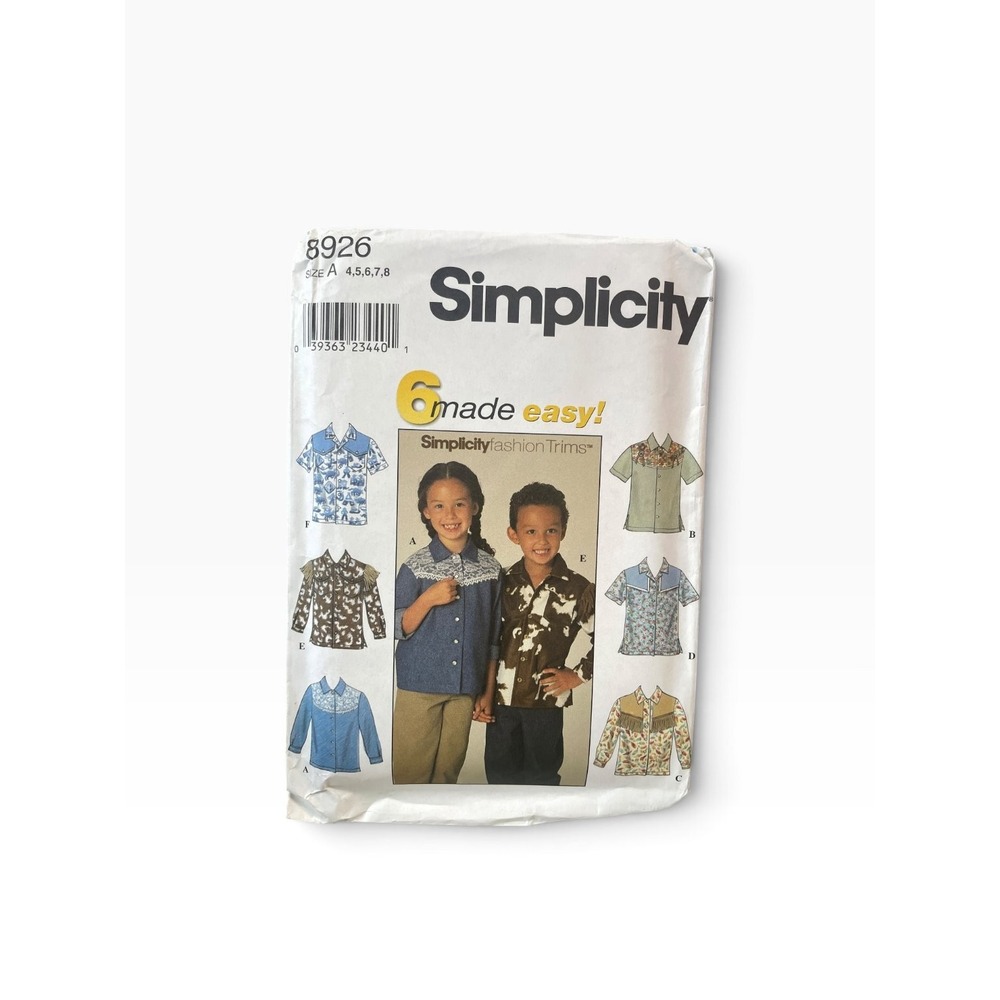 Simplicity Sewing Pattern 8926 Child Size 4-8 Multicolor Western Shirt Cowboy